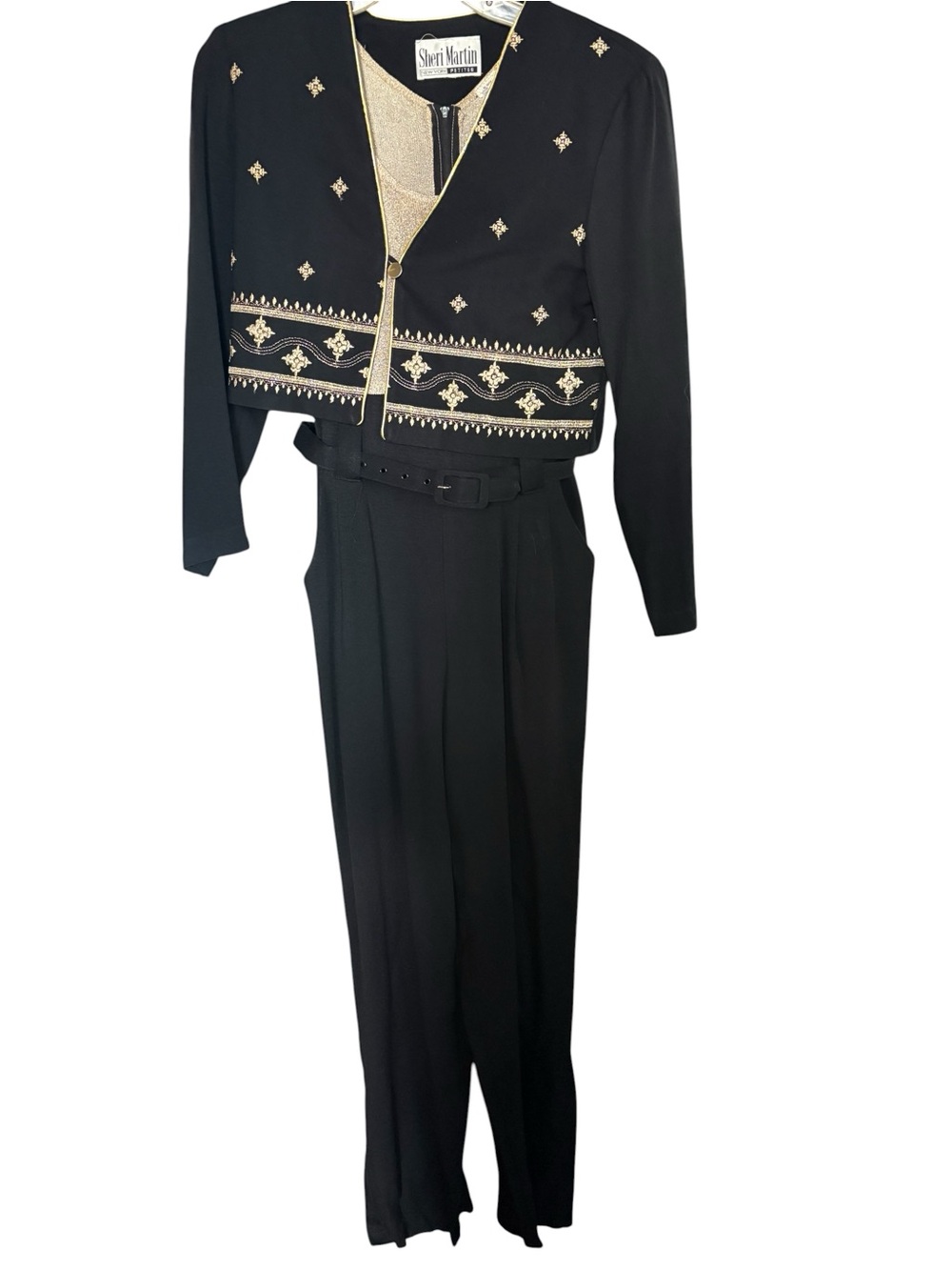 Vintage Sheri Martin Black Jumpsuit with Gold Embellished Cropped Jacket